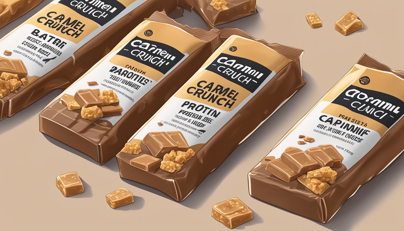 Several proteinwise caramel crunch protein bars piled high, with a warning sign next to them