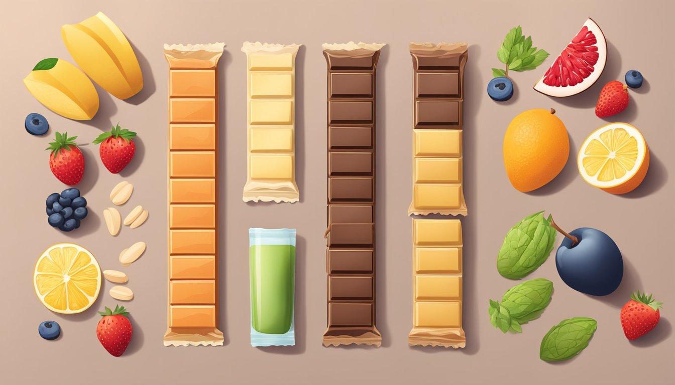 A variety of protein bars arranged in a balanced diet setting, with fruits, vegetables, and grains