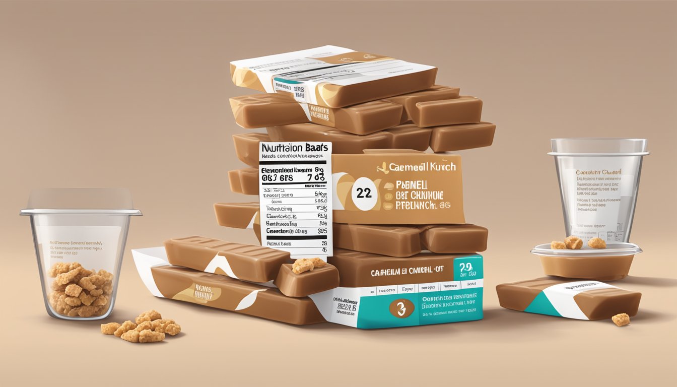 A stack of Proteinwise caramel crunch protein bars, with a question mark above them, surrounded by measuring cups and a nutrition label