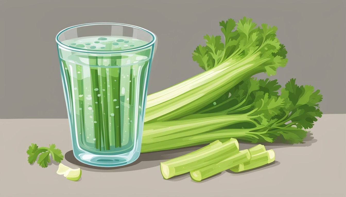 A glass of water next to a pile of celery stalks, with a measuring cup filled with chopped celery