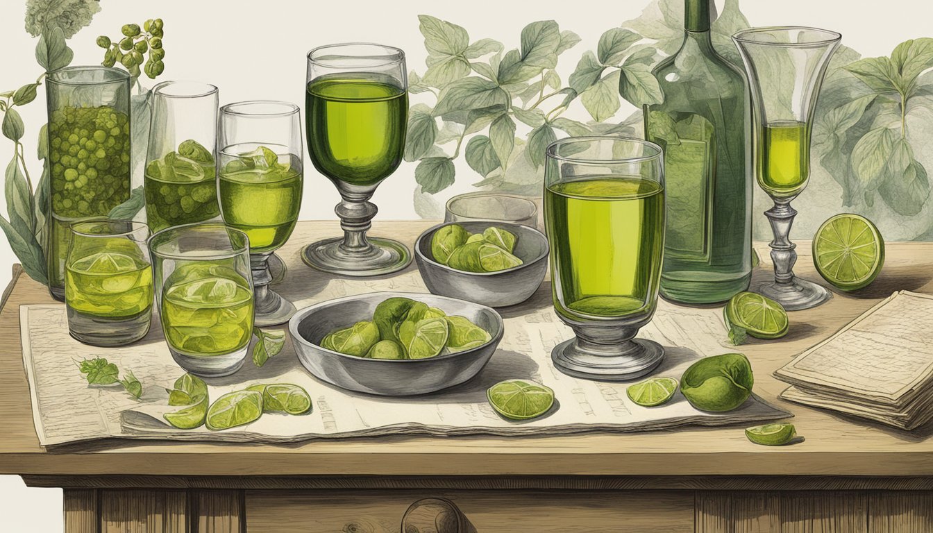 A table set with various glasses of chartreuse, some empty, some full, and others half-drunk, surrounded by historical documents and botanical illustrations