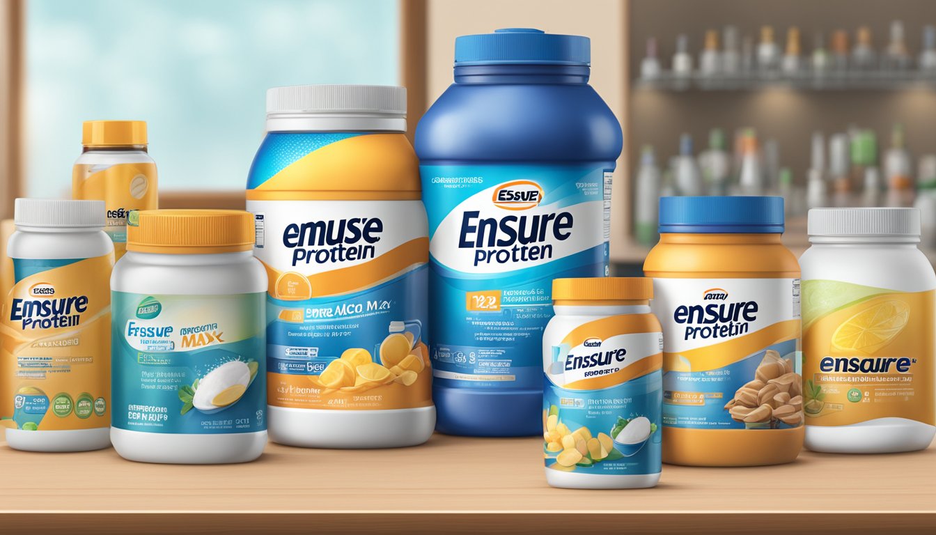 A table with multiple bottles of Ensure Max Protein, some empty, some full