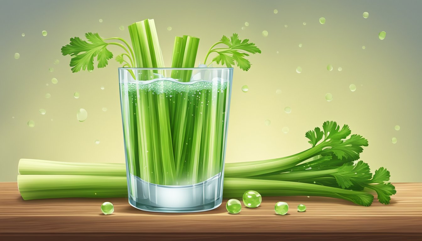 A tall glass filled with fresh celery sticks and water, with droplets of condensation on the sides, sitting on a wooden table