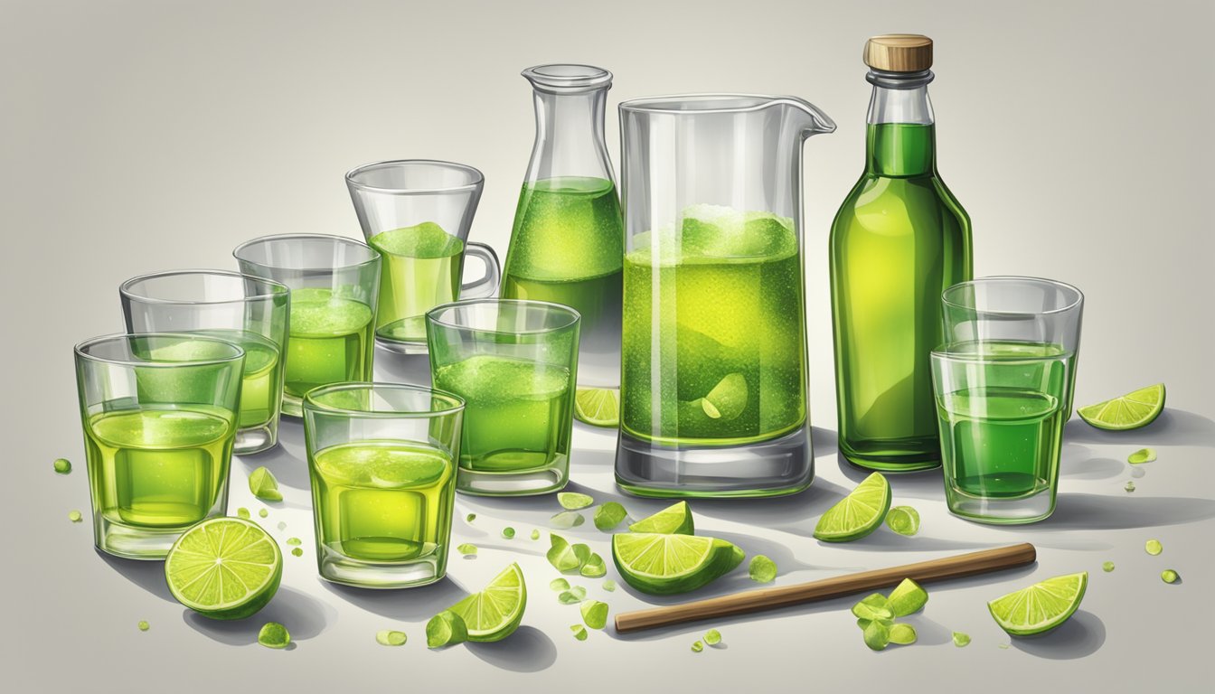 A table with multiple glasses of chartreuse, some empty and some half-full, surrounded by scattered bottles and a measuring cup