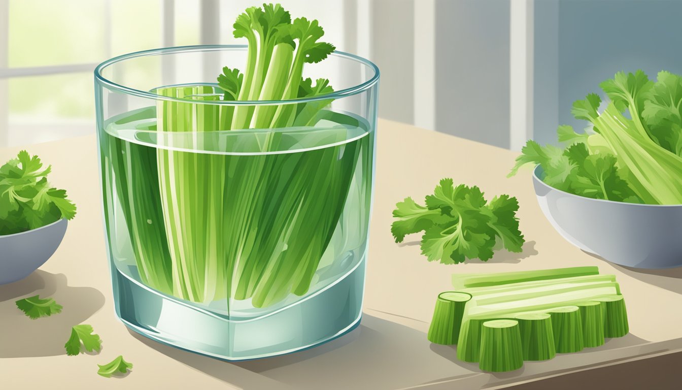 A glass of water with celery slices floating in it, surrounded by whole celery stalks on a kitchen counter