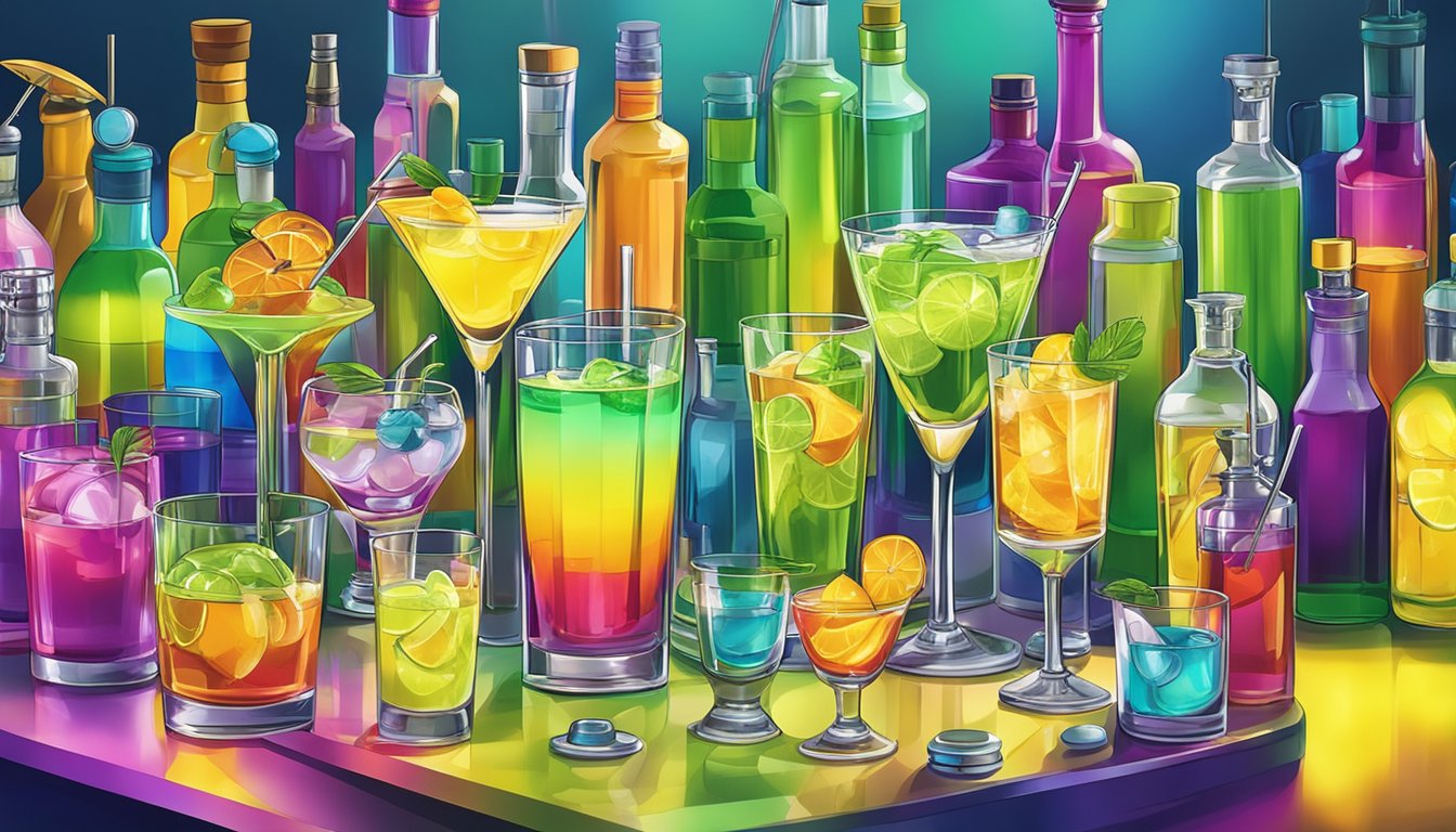 A vibrant cocktail bar with multiple glasses of Chartreuse arranged on the counter, surrounded by colorful bottles and mixers