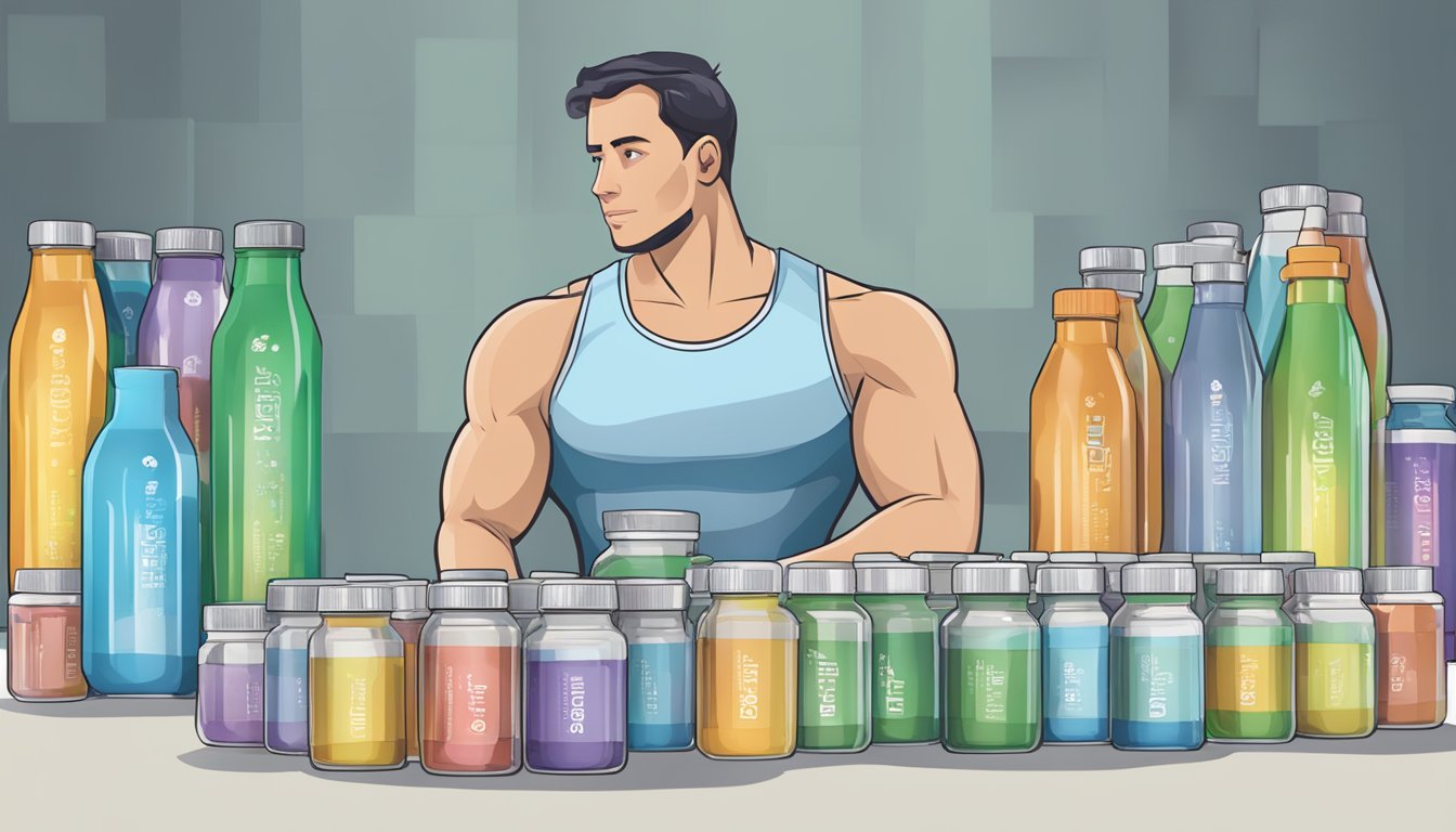 A table with multiple Ensure Max Protein bottles, some overturned. A person looks concerned while holding one bottle