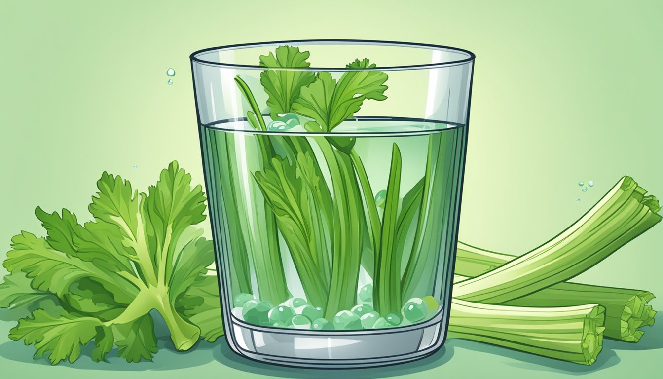 A glass of water with celery stalks floating inside, surrounded by a few whole celery stalks and leaves