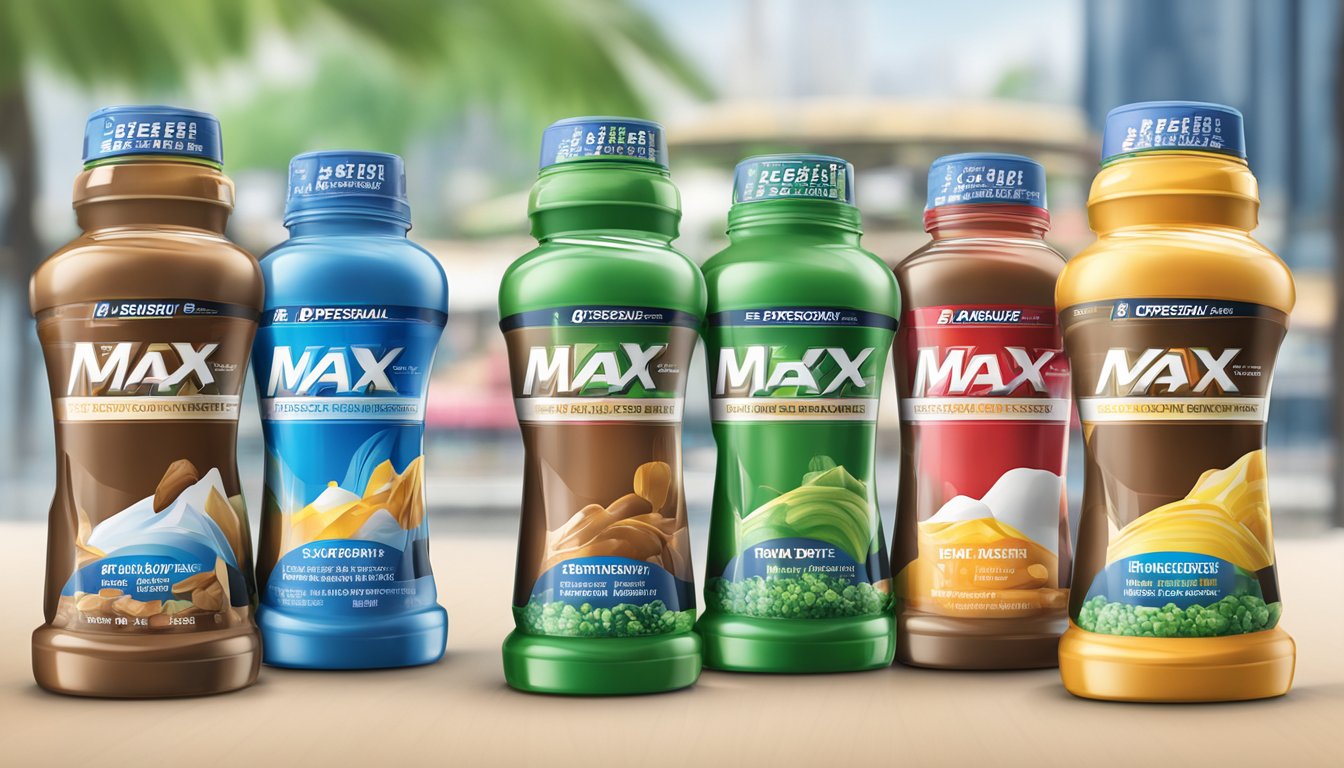 A variety of Ensure Max Protein bottles with different flavor options arranged in a display