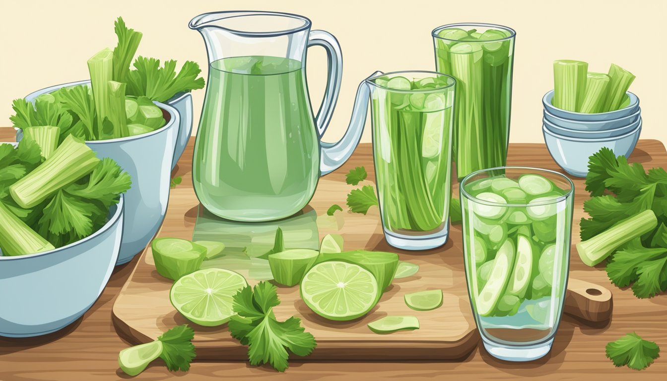 A pitcher of water surrounded by several cups of chopped celery on a wooden cutting board