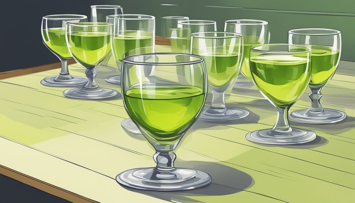 A table with multiple glasses of chartreuse, some empty, some half full, and one overflowing