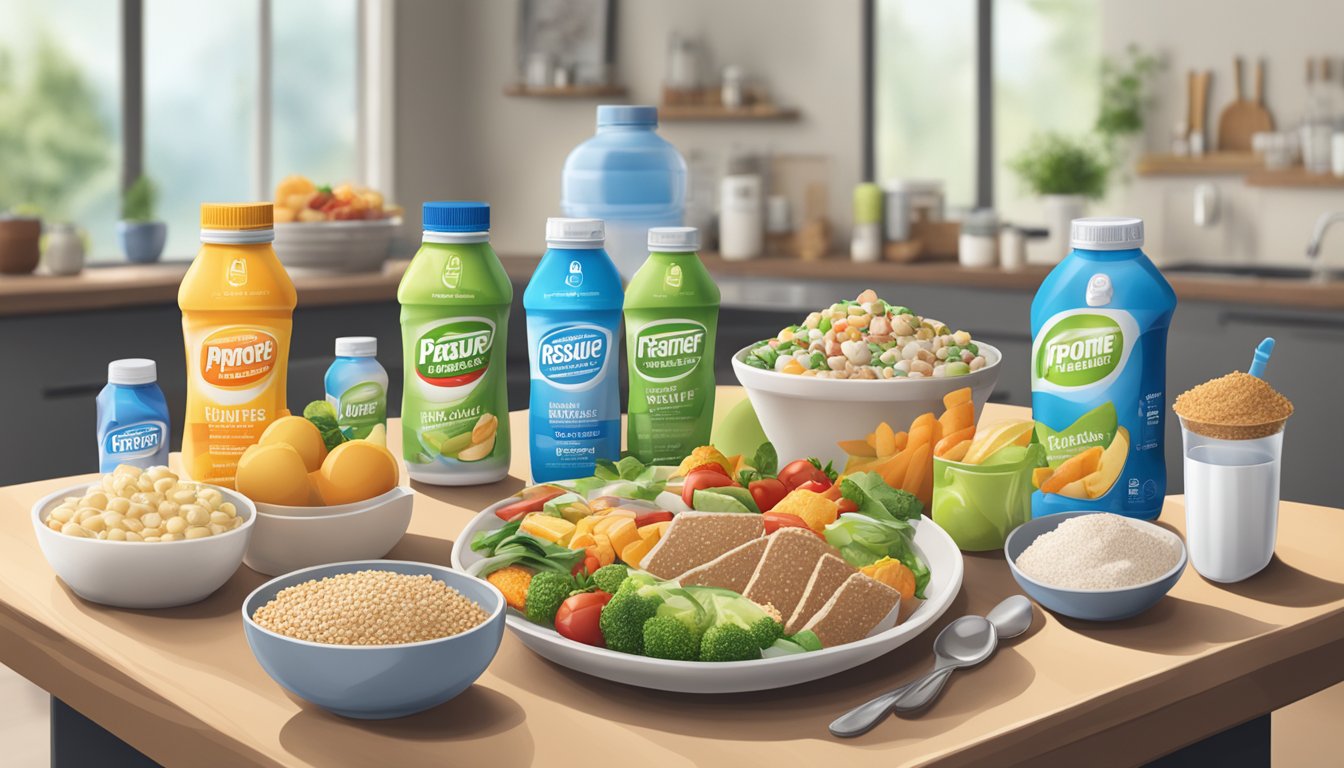 A table with multiple bottles of Ensure Max Protein, some empty and some partially consumed, surrounded by various food and drink items