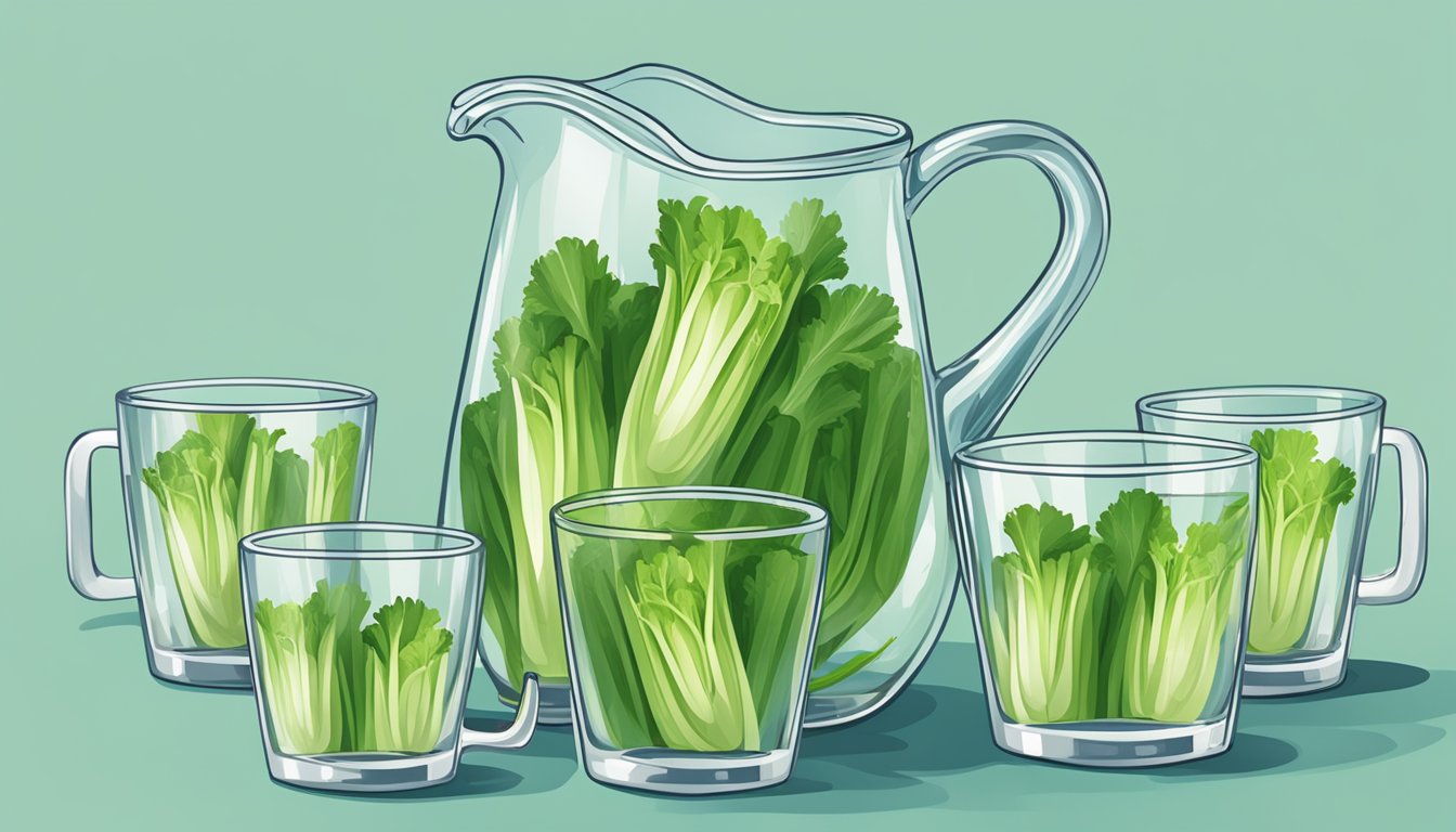 A glass pitcher filled with sliced celery and water, surrounded by a few empty cups