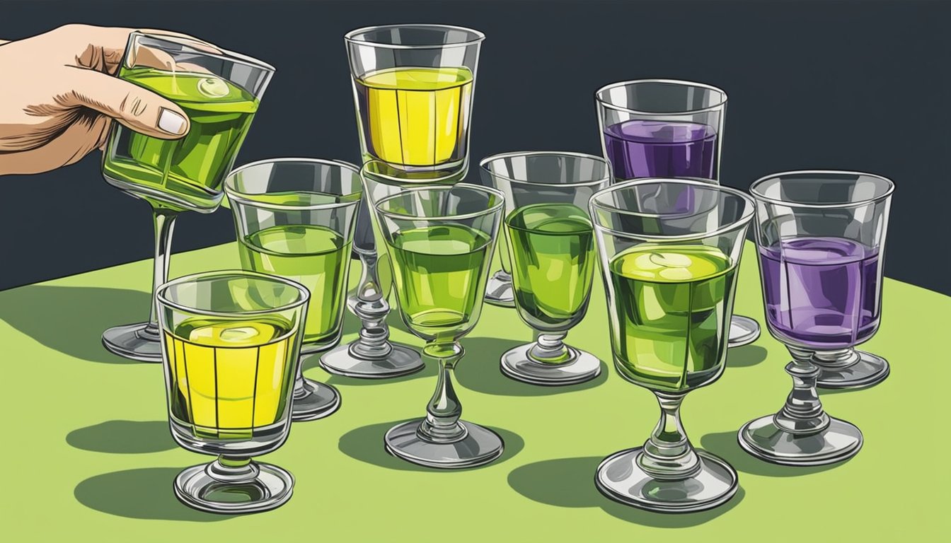 A table set with various glasses of chartreuse, each with a different color and unique characteristic. A hand reaching for one glass, indicating temptation