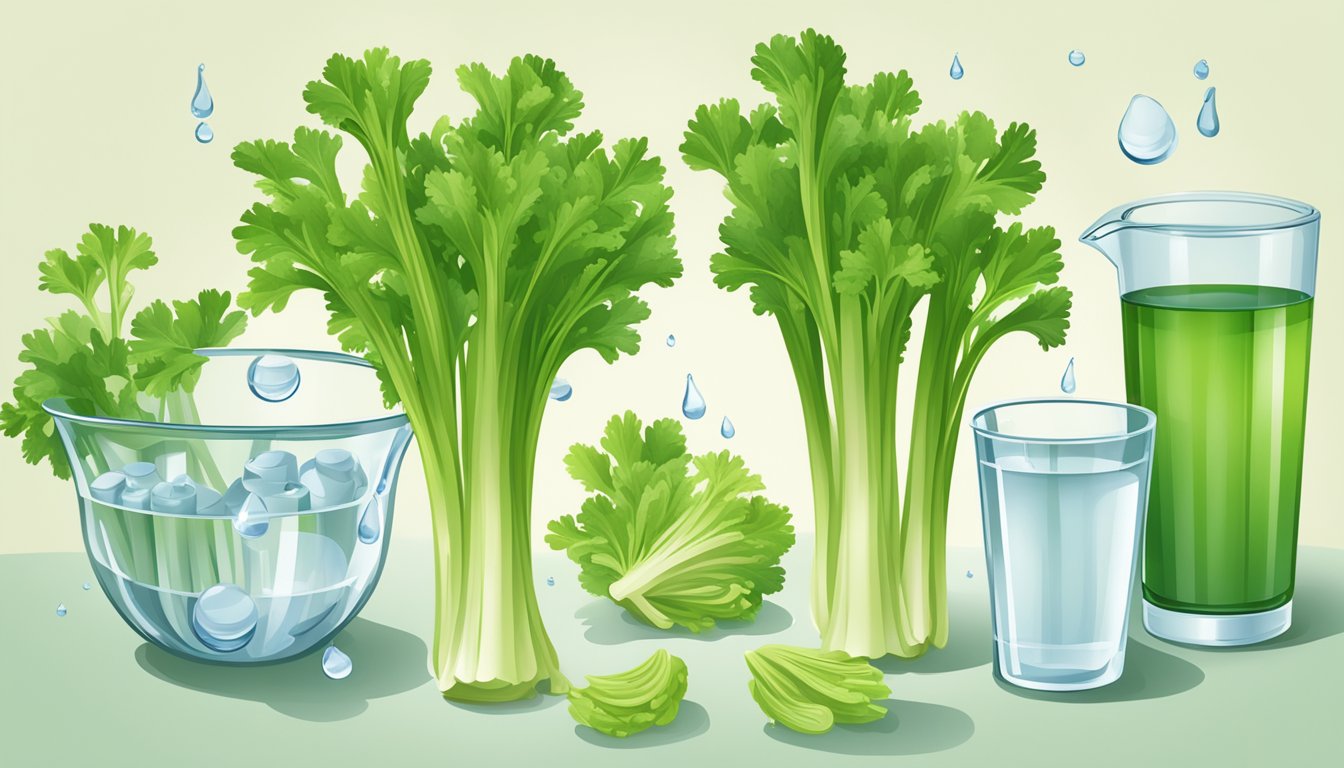 A cluster of celery stalks surrounded by various measuring cups and a water droplet to illustrate hydration