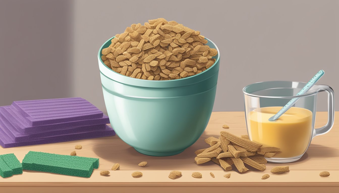 A stack of NuGo Fiber bars overflows from a bowl, with a measuring cup nearby