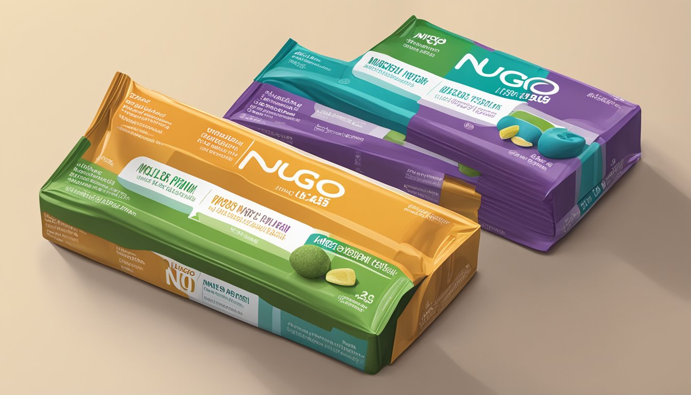 A colorful array of NuGo Fiber bars stacked on a table, with the nutrition profile displayed nearby