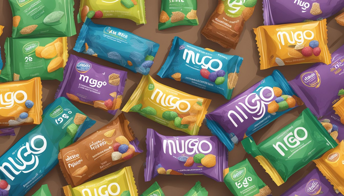 A table with a variety of Nugo Fiber bars, some partially unwrapped, surrounded by empty wrappers