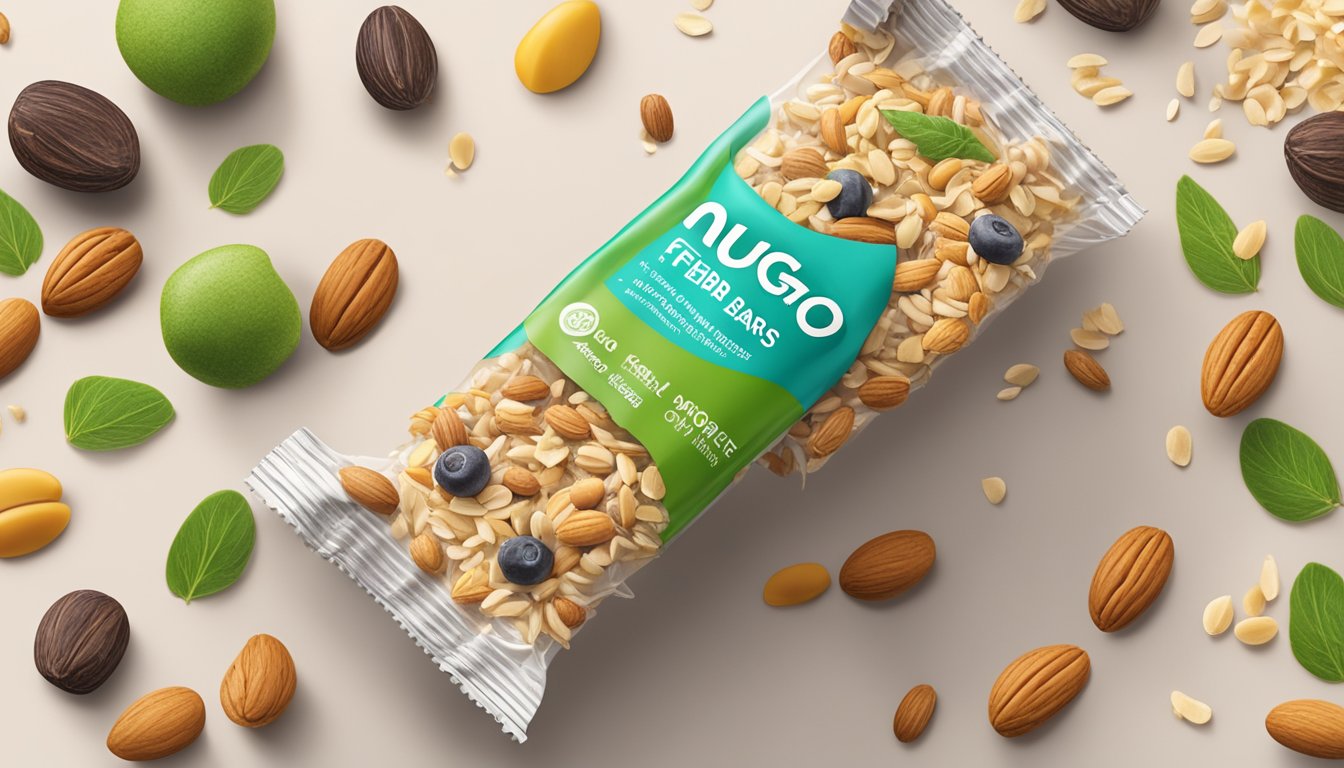 A colorful array of NuGo Fiber Bars spill out of a torn package, surrounded by fresh, high-quality ingredients such as oats, nuts, and seeds