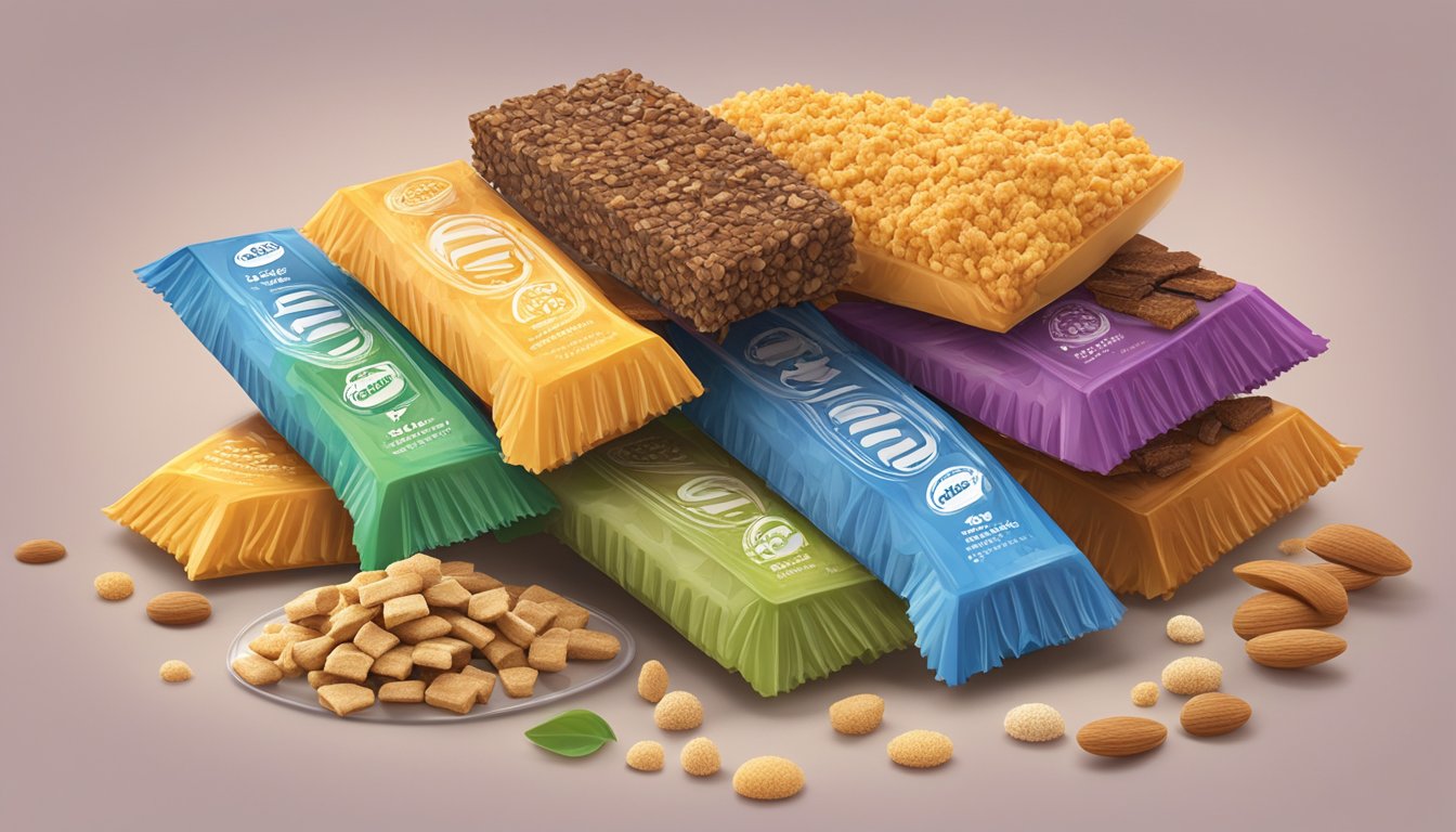 A pile of nugo fiber bars stacked on a plate, with a few half-eaten bars scattered around, surrounded by a variety of textures and flavors