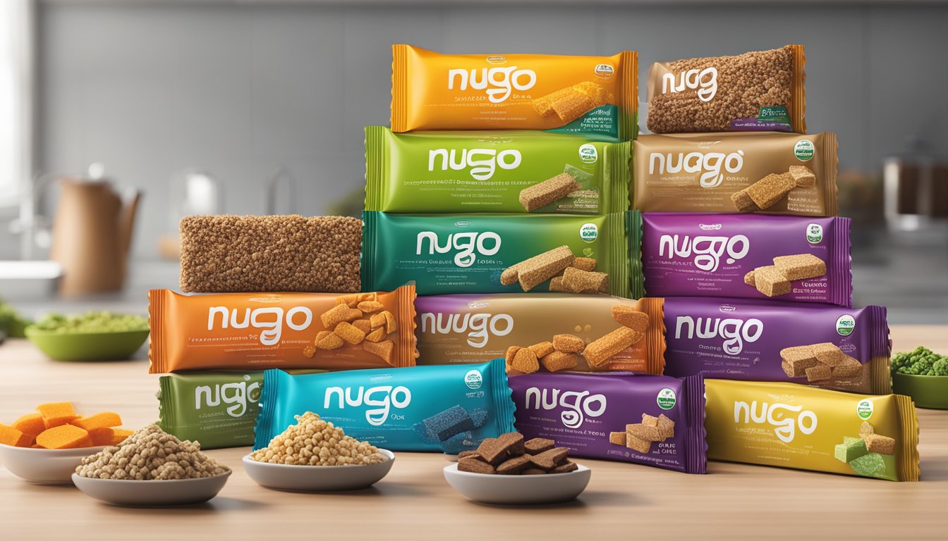 A colorful array of Nugo Fiber bars, with various packaging options and serving sizes, displayed on a clean, modern countertop