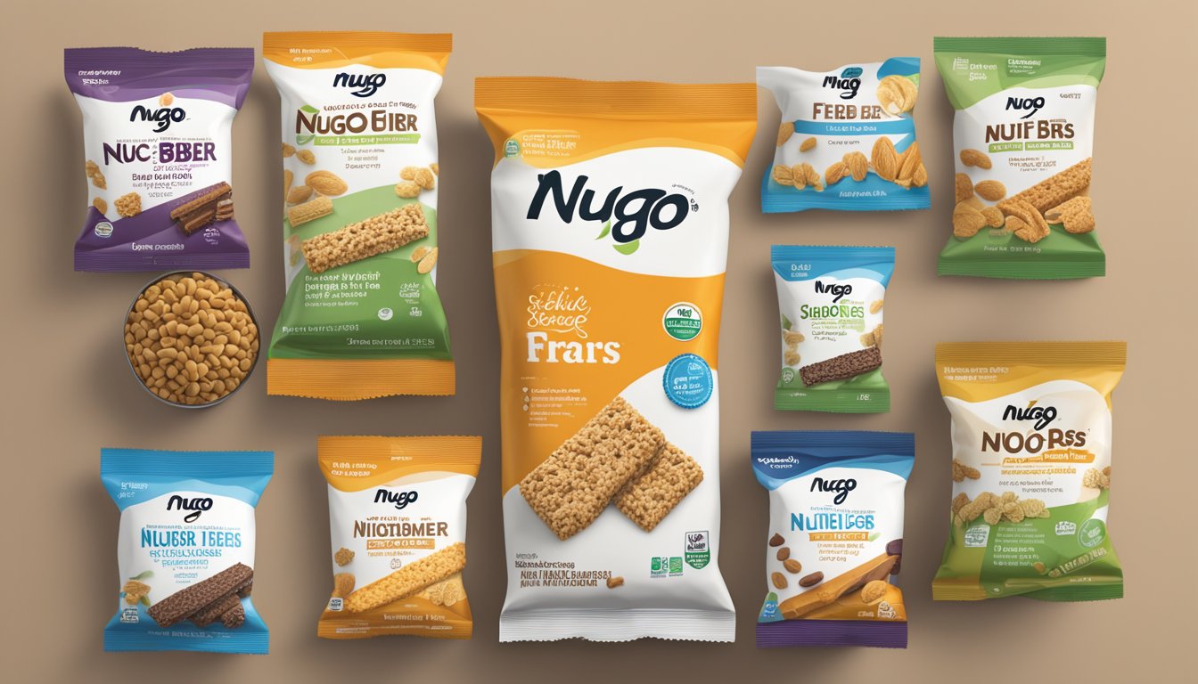 A display of Nugo Fiber bars surrounded by various other snack options, with a comparison chart showing serving sizes and nutritional information