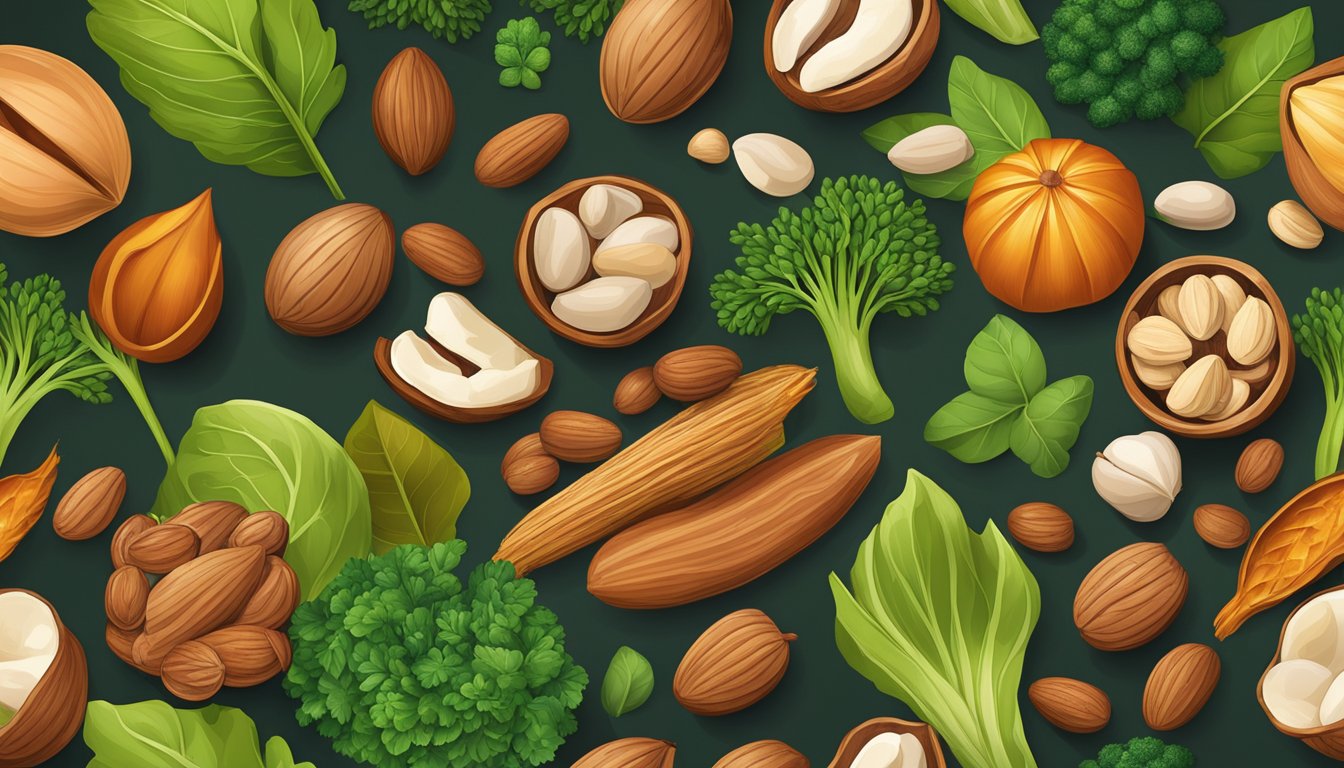 A vibrant scene of various copper-rich foods, such as nuts, seeds, and leafy greens, arranged in a balanced and appealing composition