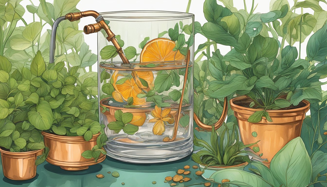 A lush garden with vibrant green plants, some showing signs of wilting and discoloration. A copper pipe dripping into a glass of water, surrounded by excess copper pieces