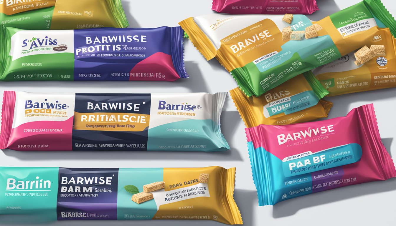 A stack of BariWise protein bars, with one bar partially unwrapped, surrounded by empty wrappers