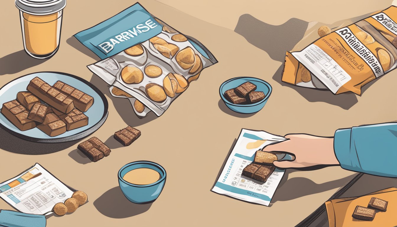 A table with various flavors of BariWise protein bars, a nutrition label, and a hand reaching for one