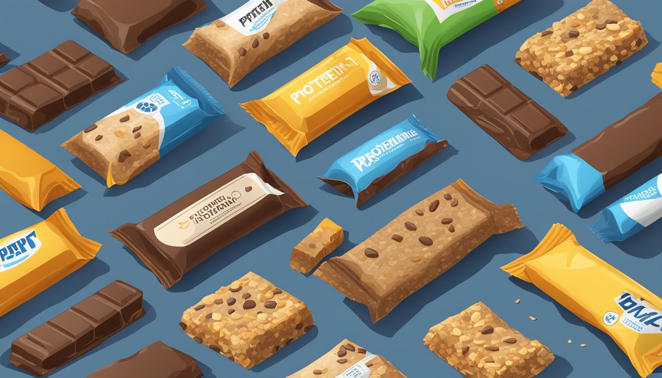 A variety of protein bars scattered on a table, some partially unwrapped, with a few empty wrappers nearby