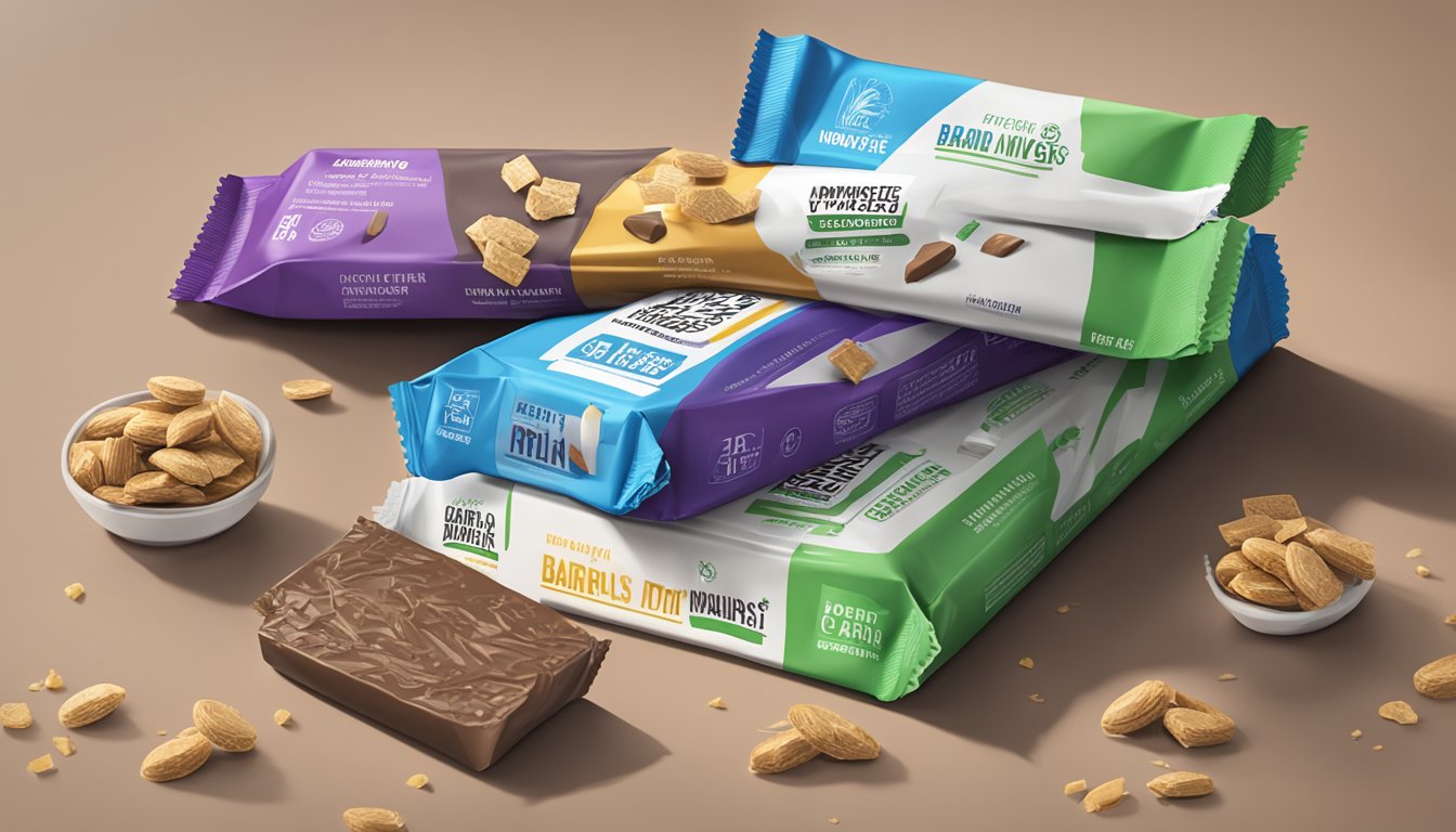 A stack of empty bariwise protein bar wrappers on a table, surrounded by discarded packaging and a half-eaten bar