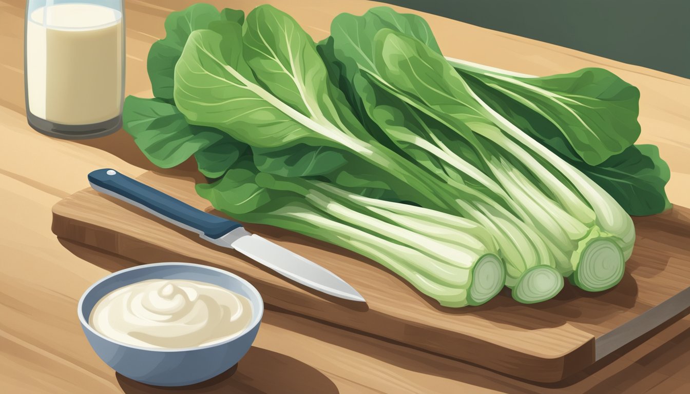 A pile of bok choy sitting on a cutting board, with a knife beside it and a measuring cup filled with calcium-rich milk