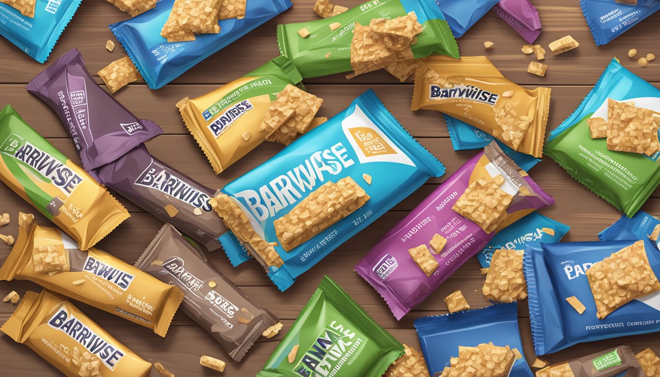 A pile of empty bariwise protein bar wrappers scattered on a table, with a few bars still unwrapped