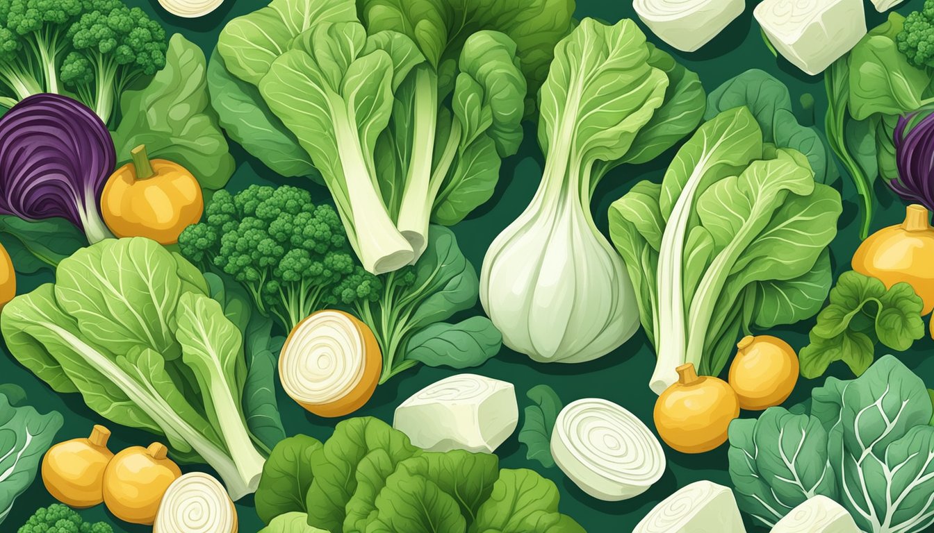 A vibrant bunch of bok choy nestled on a bed of leafy greens, surrounded by small dishes of calcium-rich foods like dairy products and fortified tofu