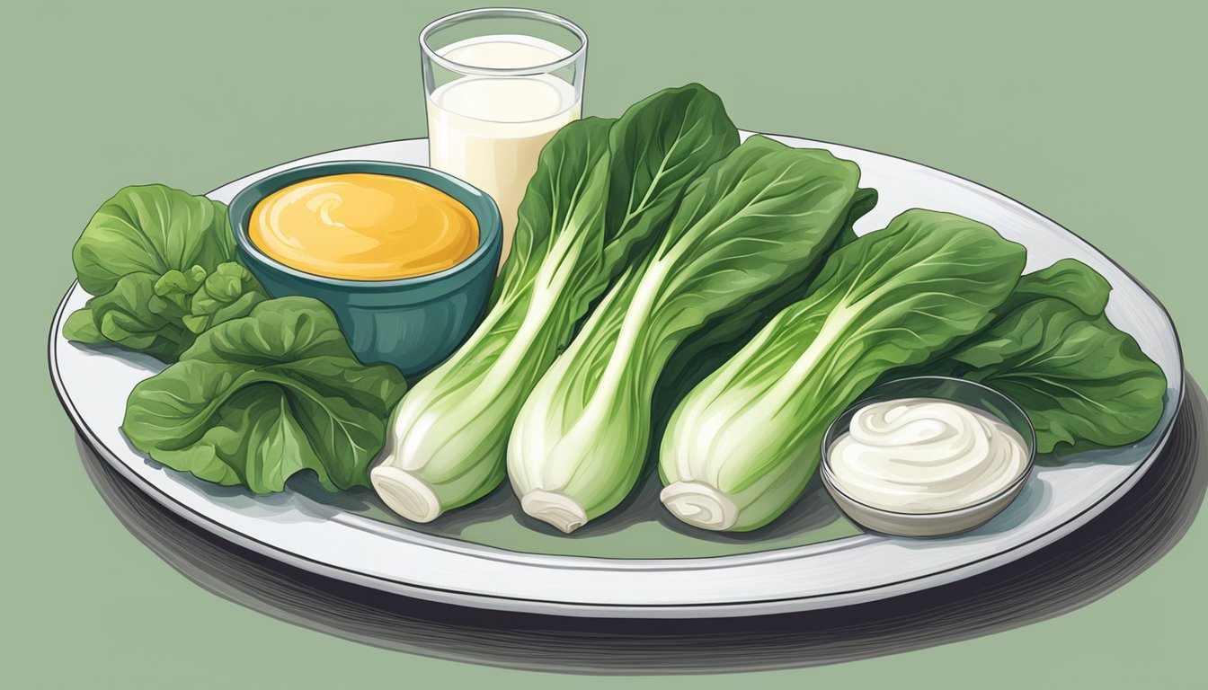 A plate of bok choy served with other vegetables and a glass of milk on the side