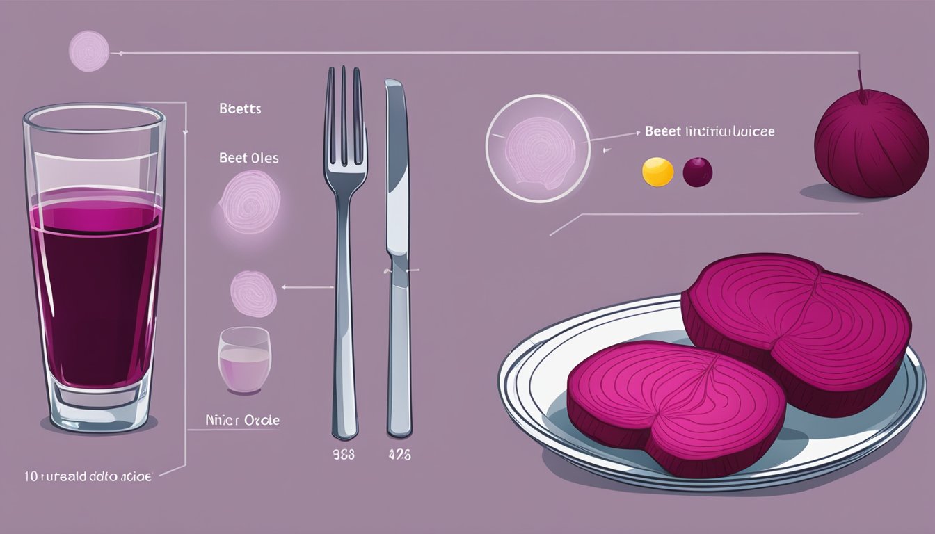 A table with a plate of sliced beets, a glass of beet juice, and a diagram showing nitric oxide production in the body