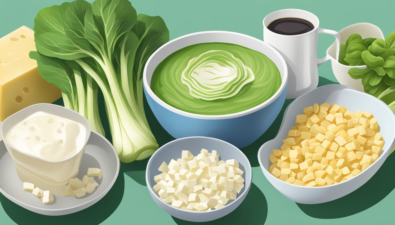 A bowl of bok choy surrounded by other calcium-rich foods like dairy products and fortified juices, with a measuring cup indicating the recommended serving size for optimal calcium benefits