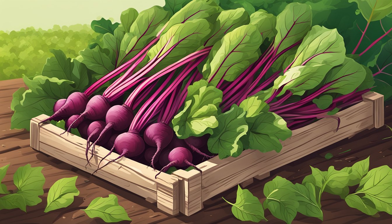 A pile of freshly harvested beets arranged in a wooden crate, surrounded by vibrant green leaves and a scattering of soil