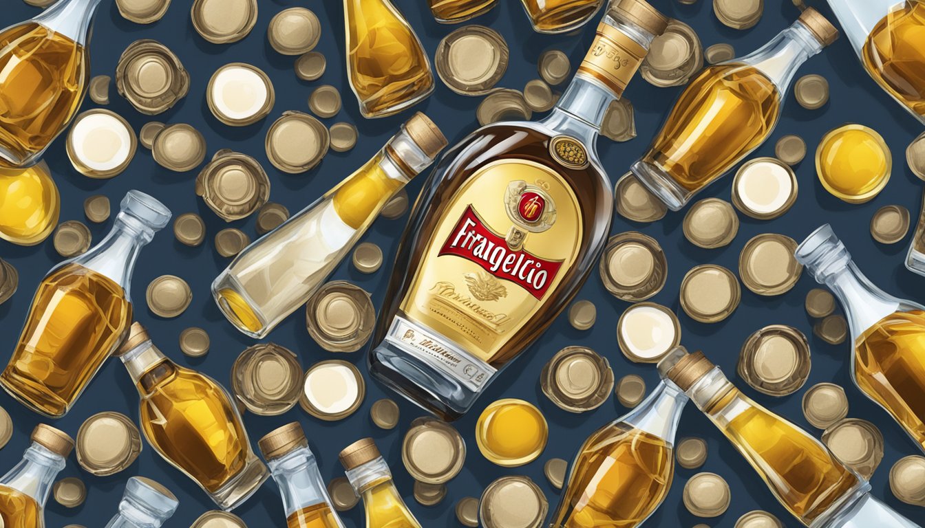 A table with multiple empty glasses and a nearly empty bottle of Frangelico, surrounded by scattered bottle caps and a disheveled room