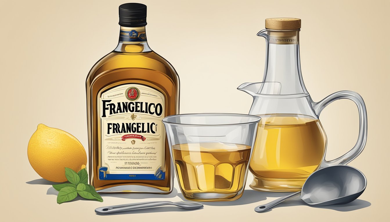 A bottle of Frangelico sits next to a measuring cup. A health pamphlet with serving recommendations is nearby