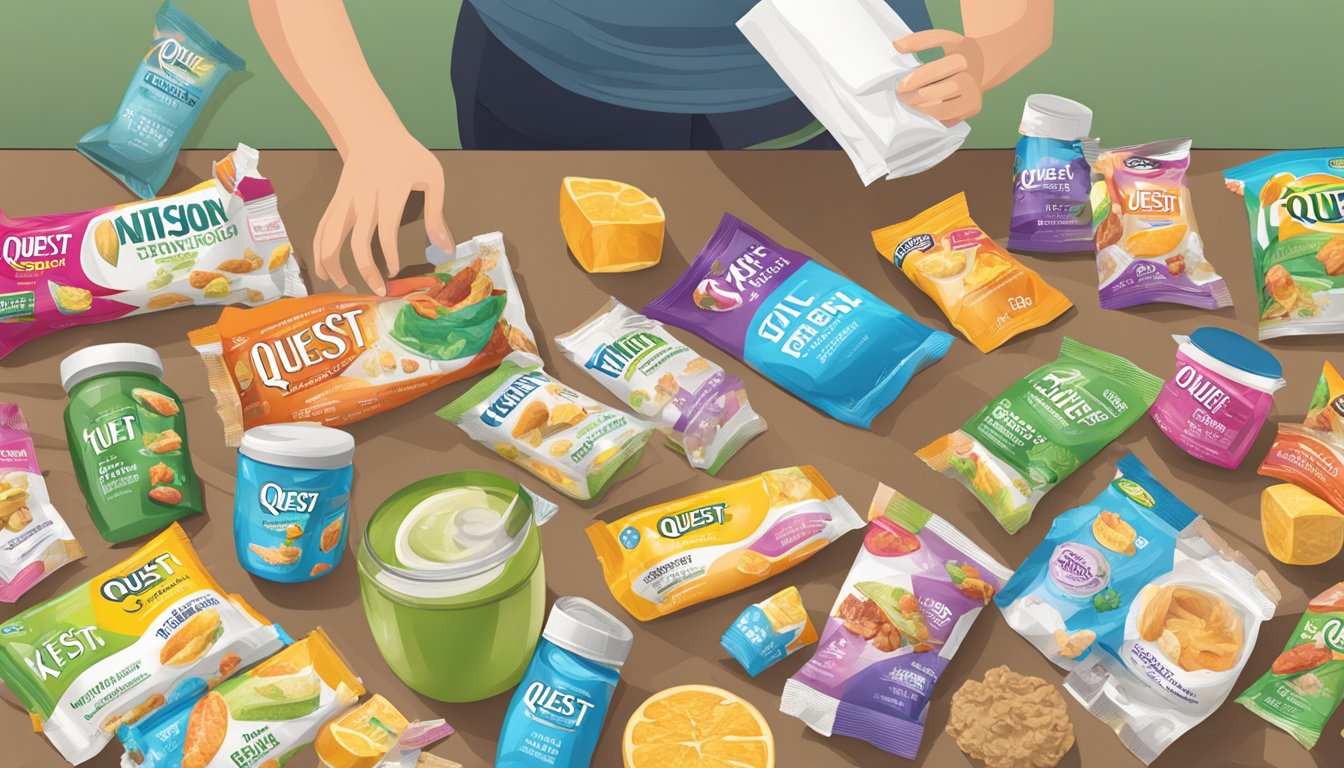 A table with various Quest Nutrition products spread out, surrounded by empty wrappers and a person looking overwhelmed