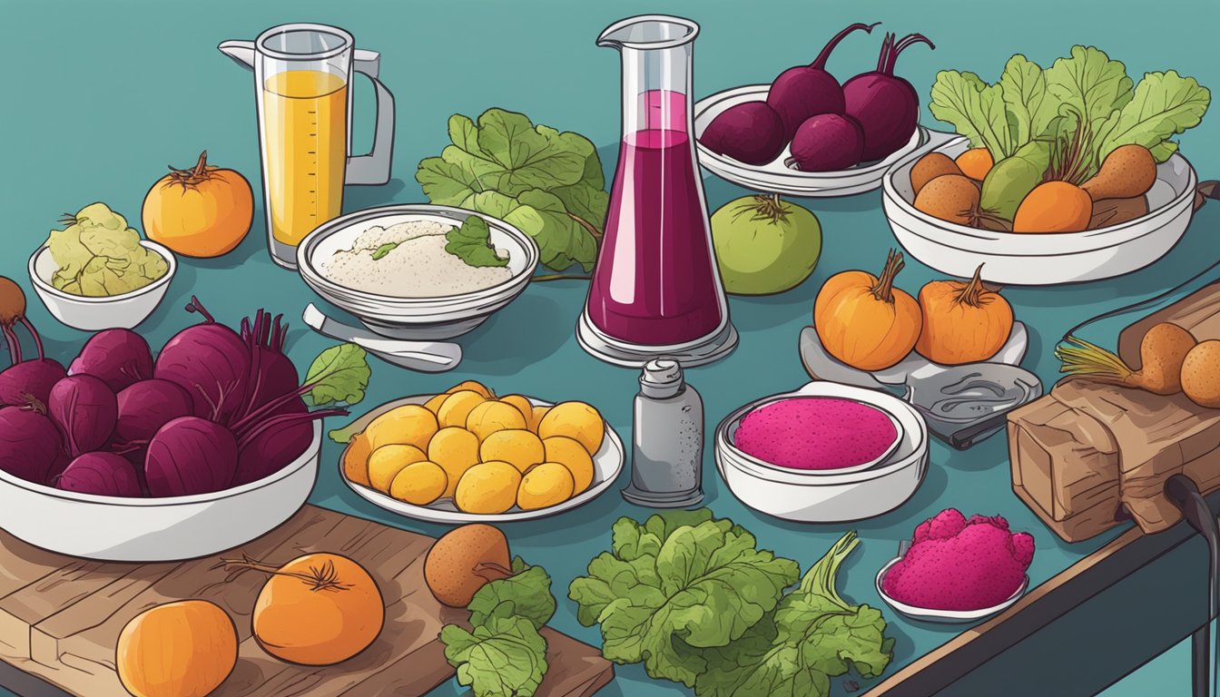 A table with various foods, including beets, surrounded by scientific equipment measuring nitric oxide levels