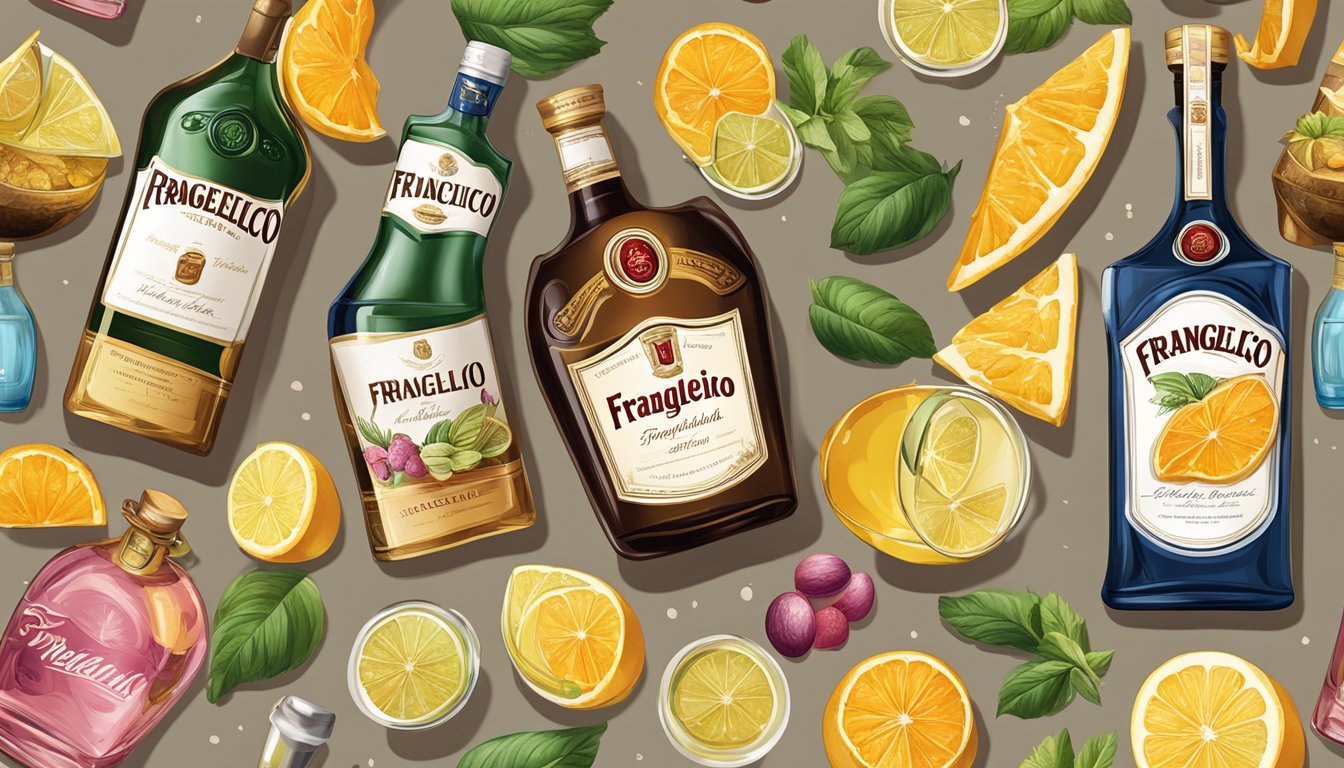 A bottle of Frangelico surrounded by various cocktail ingredients and glassware