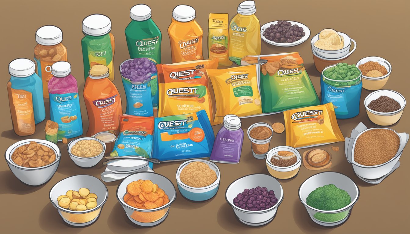 A table filled with various Quest nutrition products, with serving sizes labeled and a warning sign indicating "Too Much"