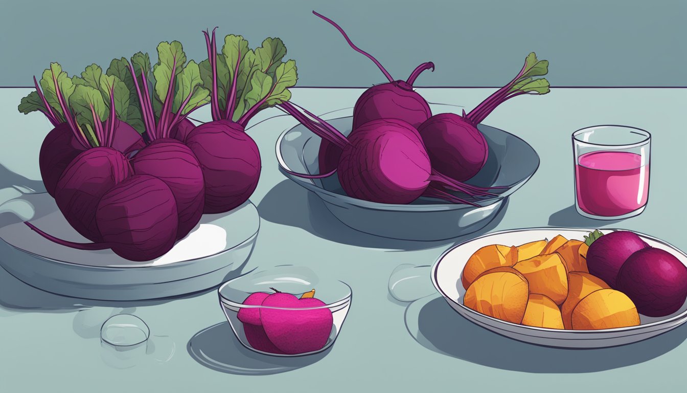 A table with various servings of beets, ranging from small to large, arranged in a row with a beaker of nitric oxide next to them