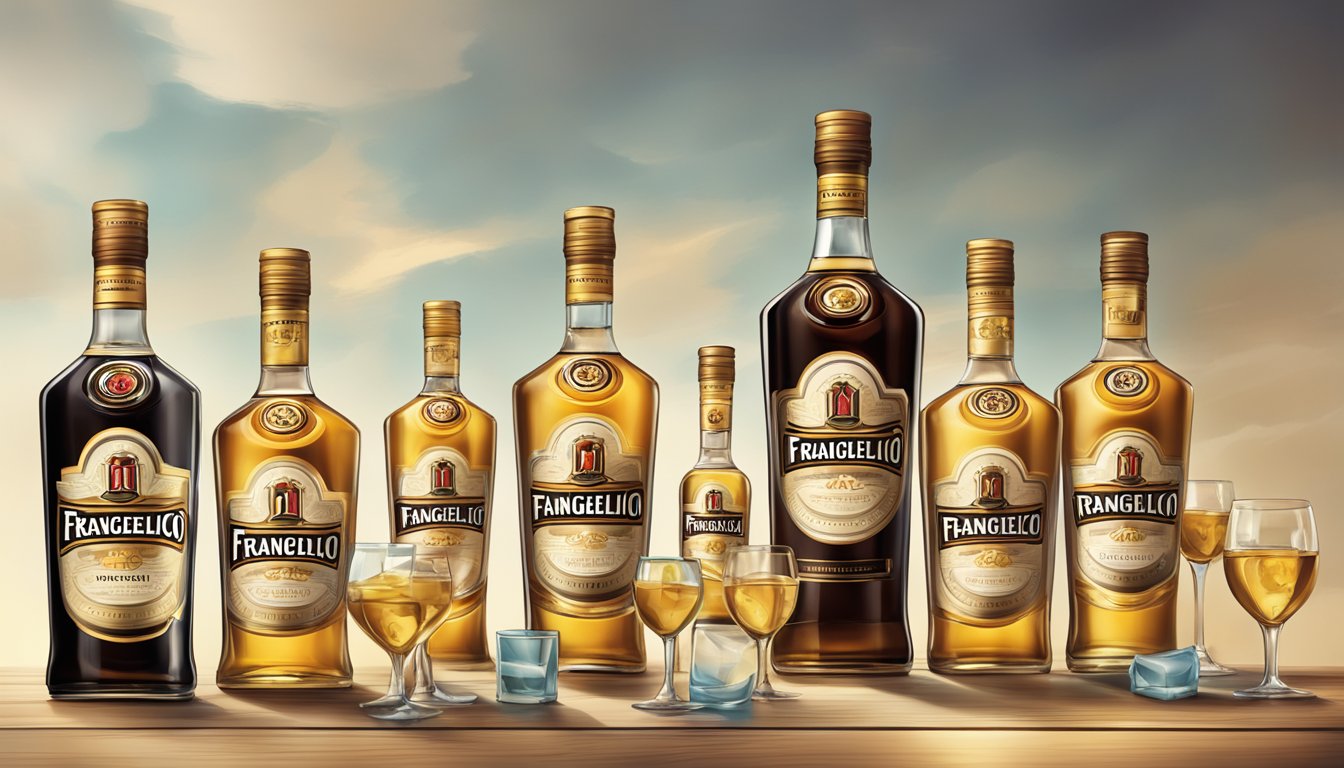 A bottle of Frangelico surrounded by empty glasses, with a tipsy feeling in the air