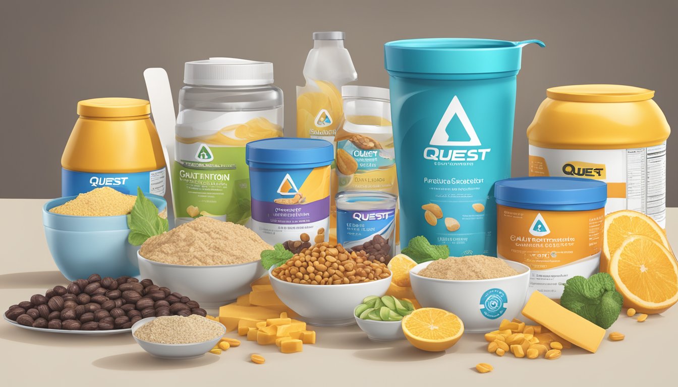 A table with an assortment of Quest Nutrition products, surrounded by caution signs and a measuring cup overflowing with servings