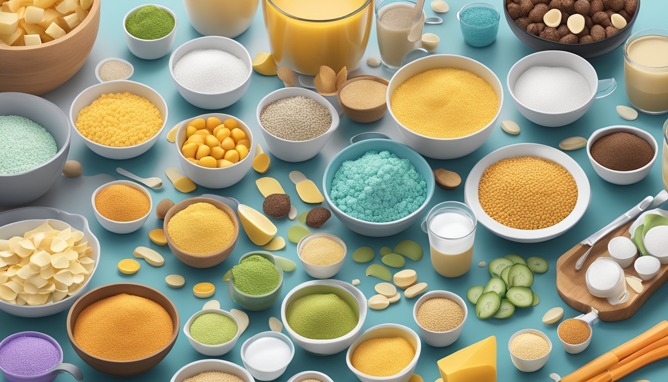 A table with various Quest Nutrition products piled high, surrounded by measuring cups and spoons