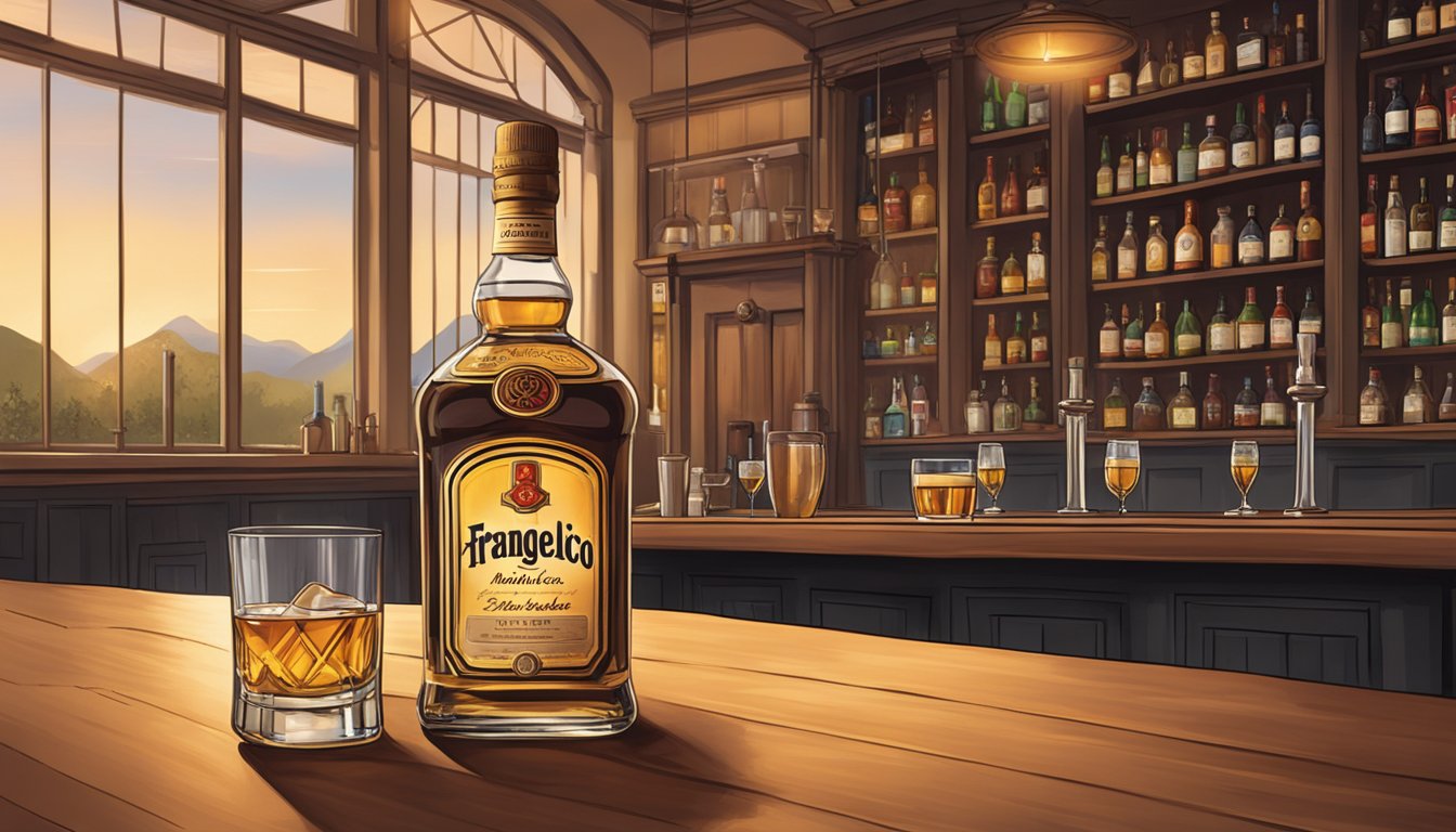 A cozy bar scene with a bottle of Frangelico, two glasses, and a warm ambiance